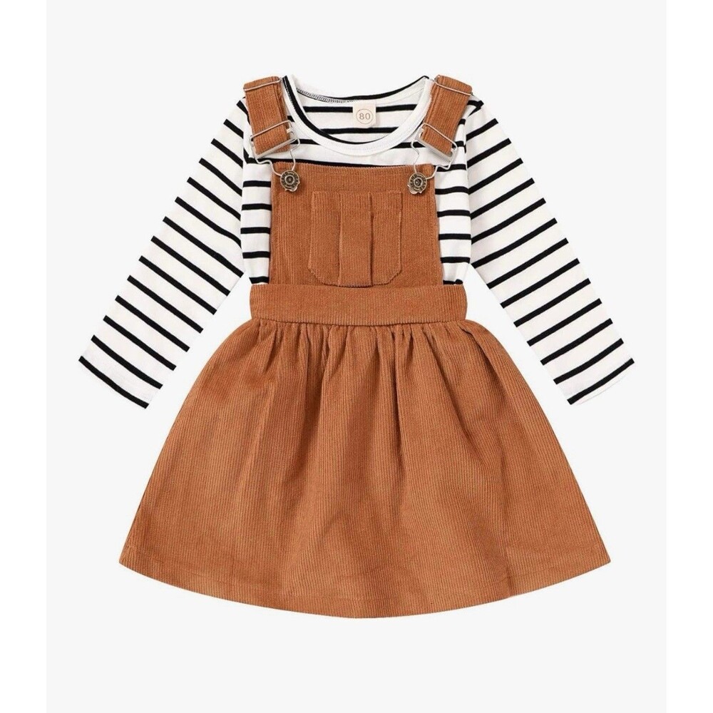 Toddler Girl Fall Outfit Long Sleeve Stripe T-Shirt and Dress Overall